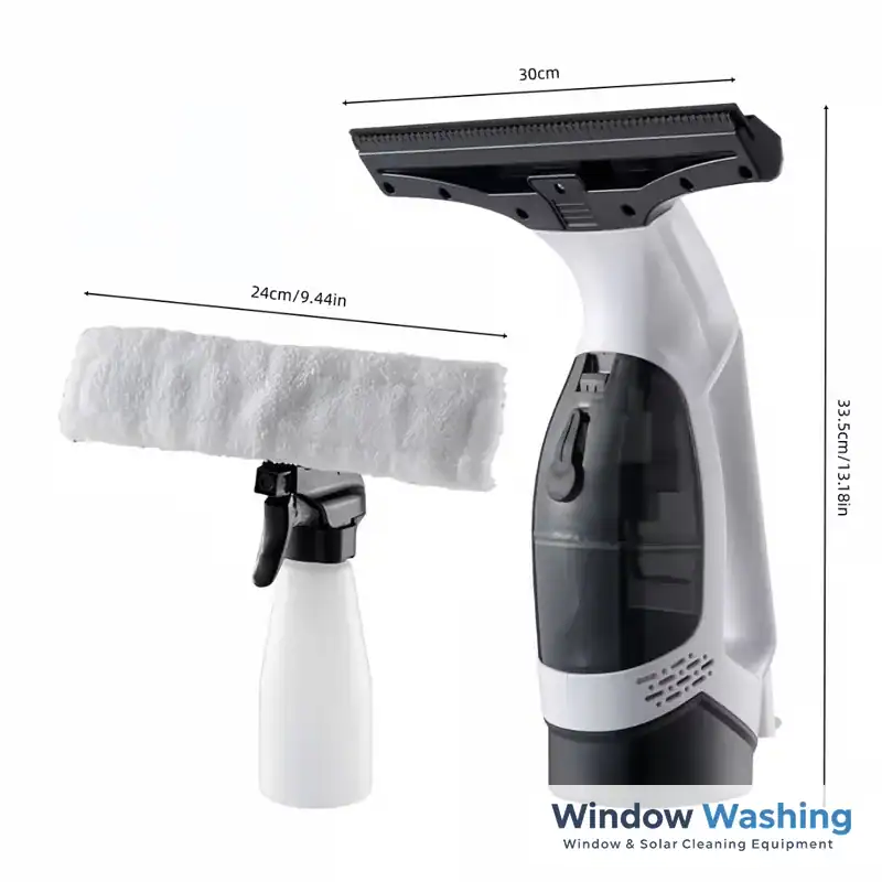 Window vacuum dimensions: 30cm suction head, 33.5cm body, 24cm microfibre washer and spray bottle