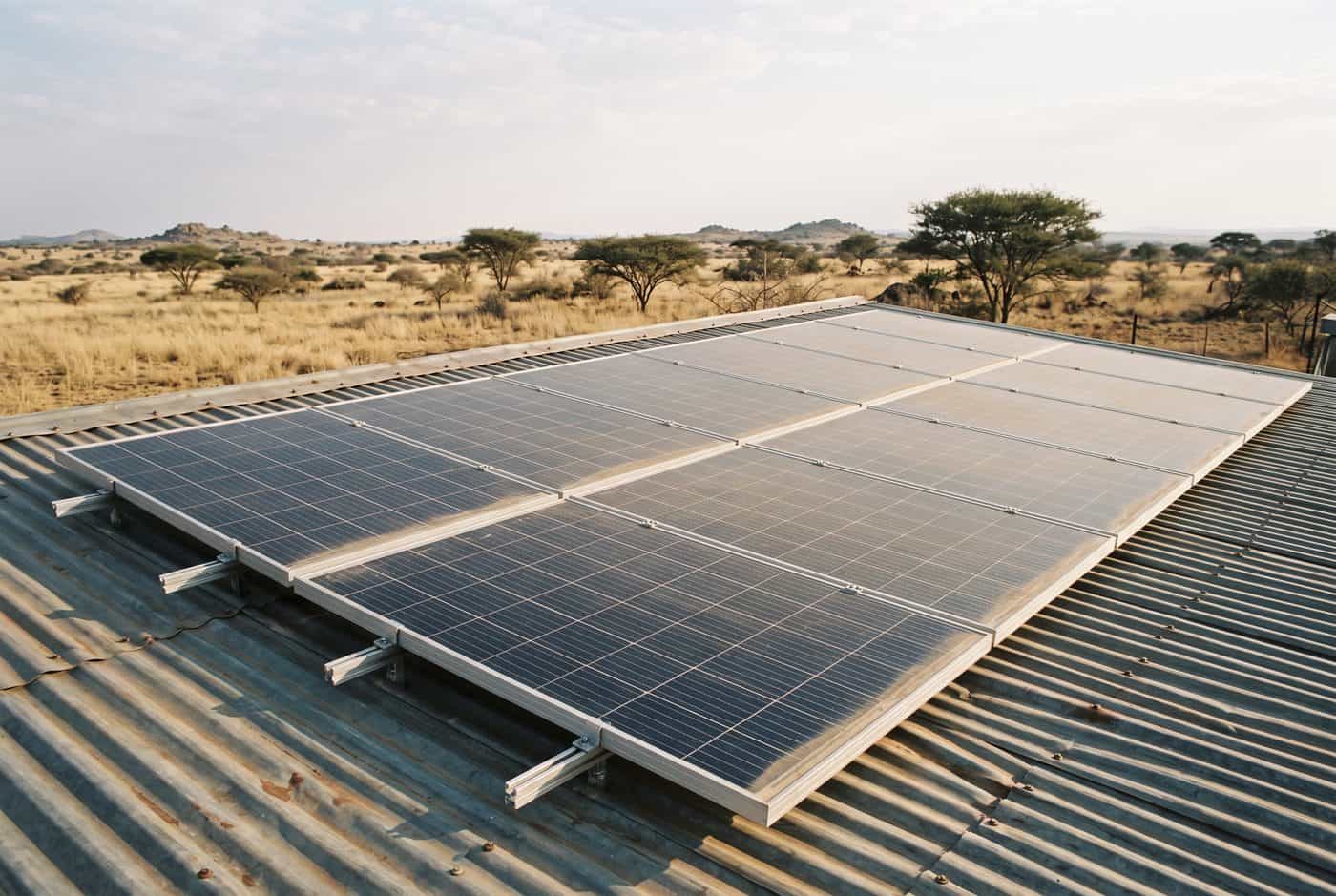 Rooftop solar array in dry inland South Africa covered in a film of fine dust