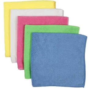 5 microfibre cloths in yellow, white, pink, green and blue